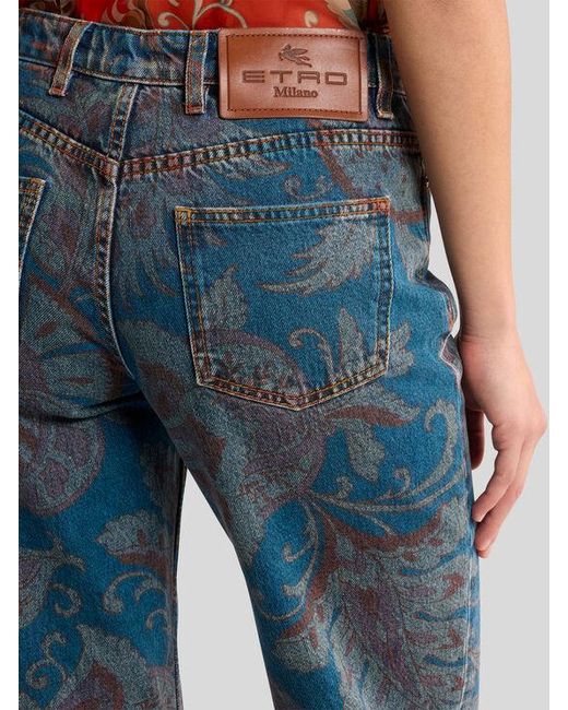 Etro Blue Flared Jeans With Floral Motif