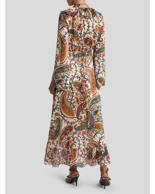 Etro Natural Peau D'Ange Silk Long Wrap Dress With Floral Paisley Motif