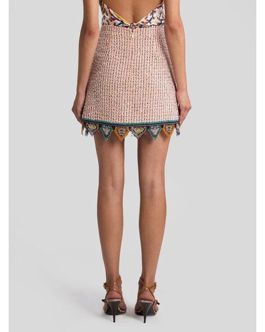 Etro White Jacquard Mini Skirt With Tweed Effect, Fringing And Check Motif