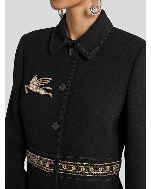 Etro Black Wool Coat With Jewel Embellishments