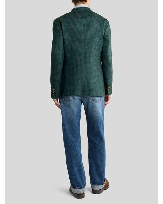 Etro Green Single-Breasted Silk And Cashmere Jersey Jacket With Houndstooth Motif for men