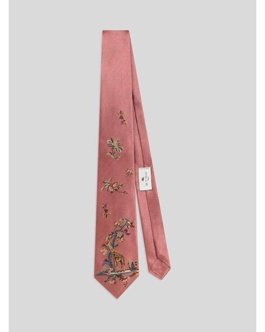 Etro Pink Silk Jacquard Tie With Placed Giraffe Motif for men