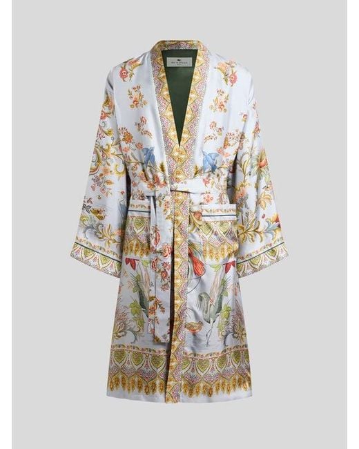 Etro White Silk Robe With Placed Flora And Fauna Print for men