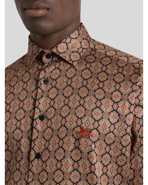Etro Brown Cotton Satin Shirt With Medallion Motif for men