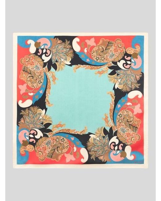 Etro Blue Silk Scarf With Floral Paisley Motif