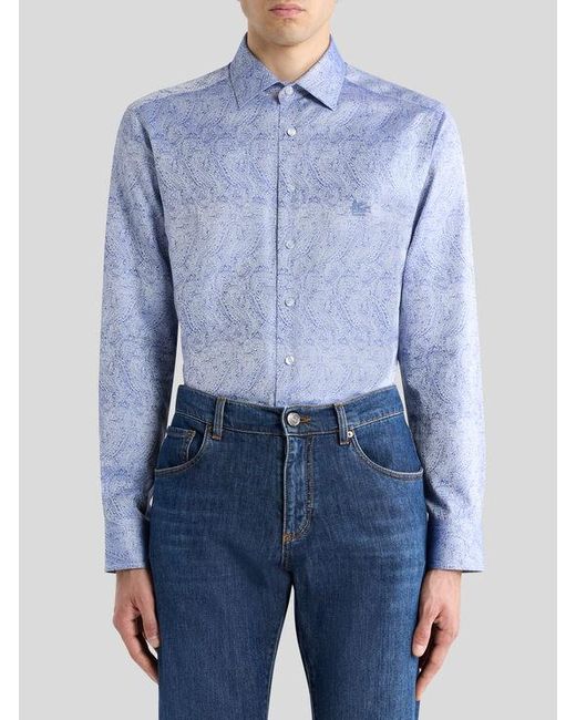 Etro Blue Cotton Jacquard Shirt With Paisley Motif And Pegaso Embroidery for men
