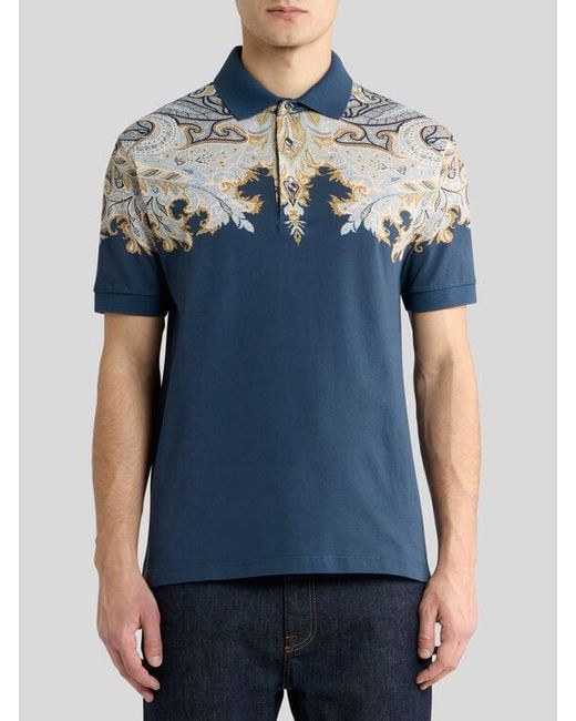 Etro Blue Cotton Pique Polo Shirt With Placed Print for men