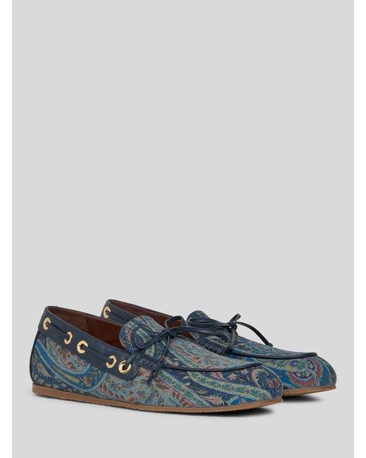 Etro Blue Denim Boat Loafers With Leafy Paisley Motif