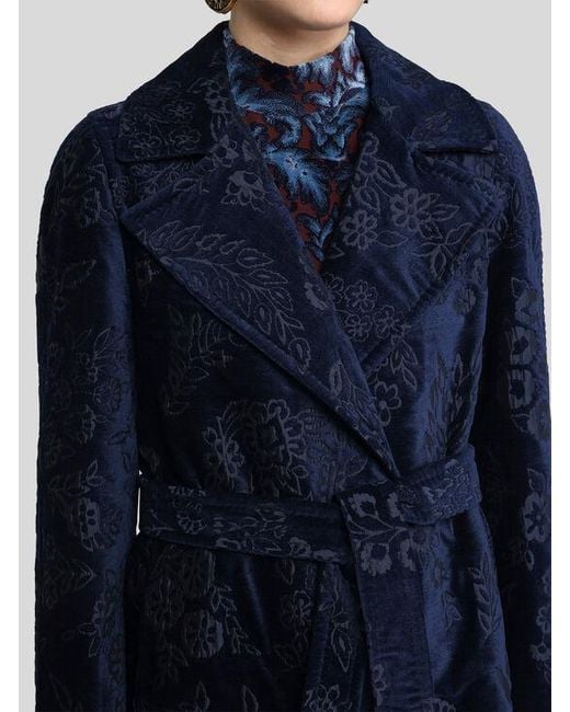 Etro Blue Chenille Jacquard Coat With Belt