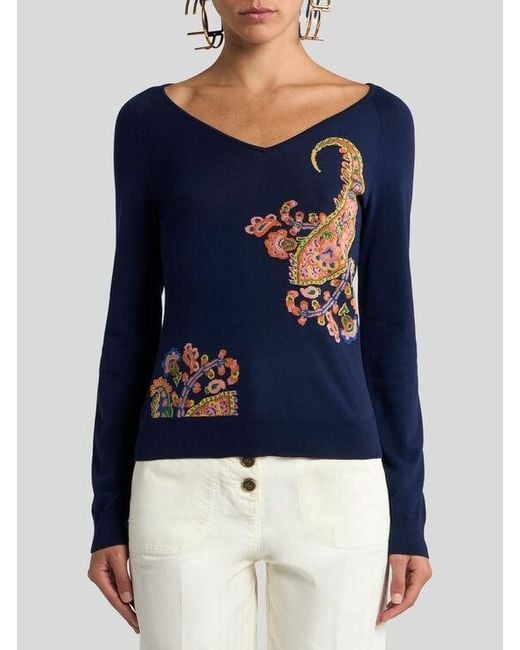 Etro Blue Cotton-Blend Jacquard Sweater With Inlays