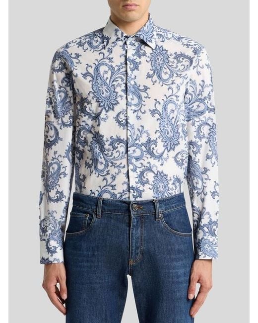 Etro Blue Paisley Cotton Shirt for men