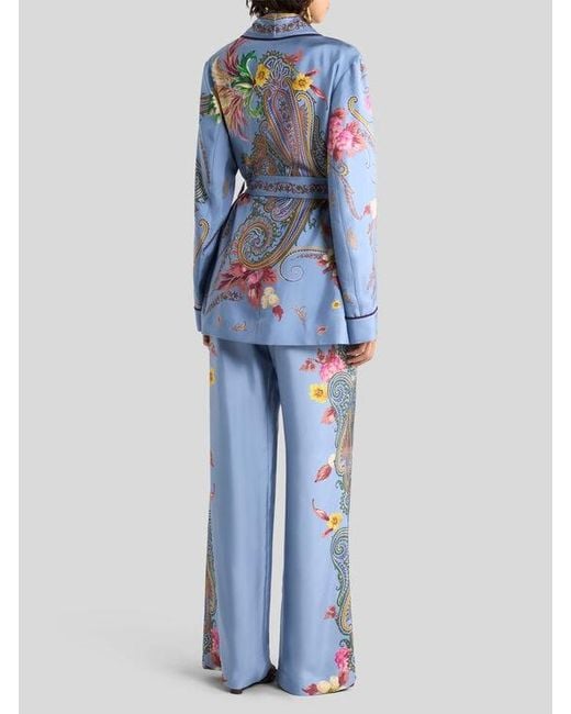 Etro Blue Silk Jacket With Belt And Floral Paisley Motif