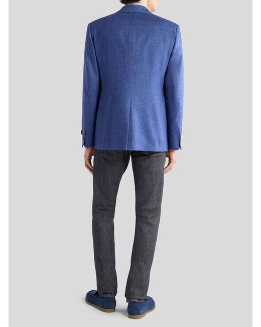 Etro Blue Single-Breasted Wool-Blend Jacket With Micro Chevron Motif for men