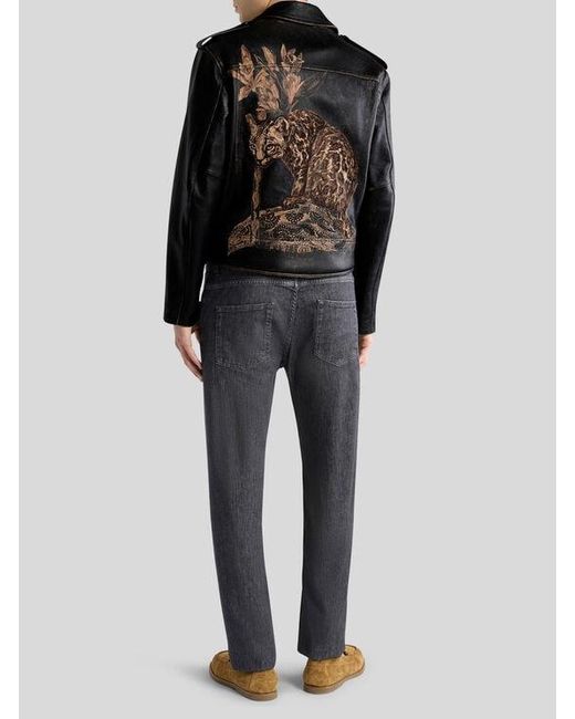 Etro Black Leather Biker Jacket With Placed Leopard Print for men