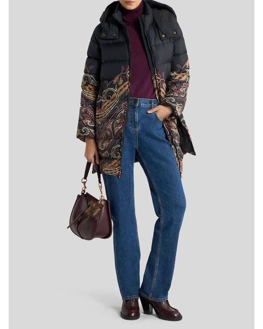Etro Black Down Jacket With Placed Paisley And Geometric Print