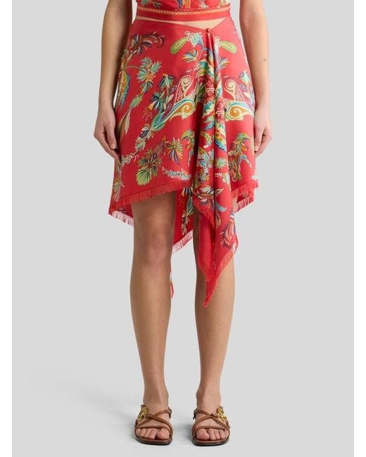 Etro Red Silk Cover-Up Pareo With Paisley Foliage Motif