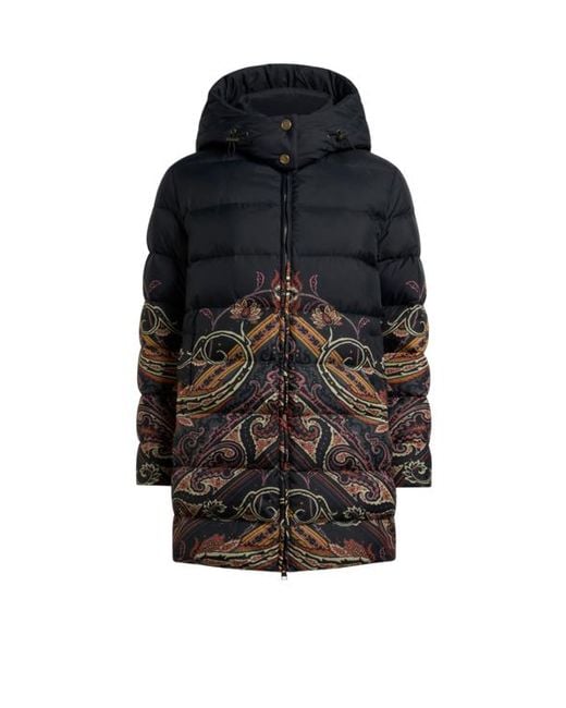 Etro Black Down Jacket With Placed Paisley And Geometric Print
