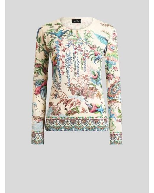 Etro White Silk And Cashmere Sweater With Flora And Fauna Motif