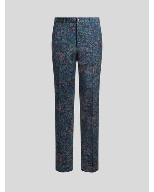 Etro Blue Tailored Wool Trousers With Floral Motif for men