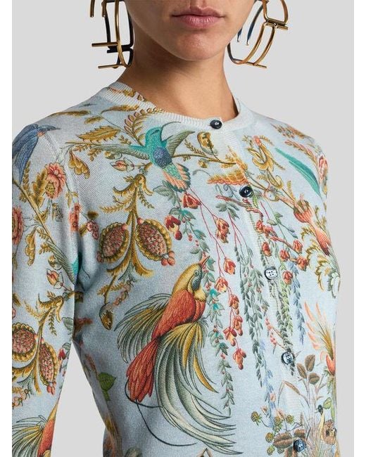 Etro Blue Silk And Cashmere Cardigan With Flora And Fauna Motif
