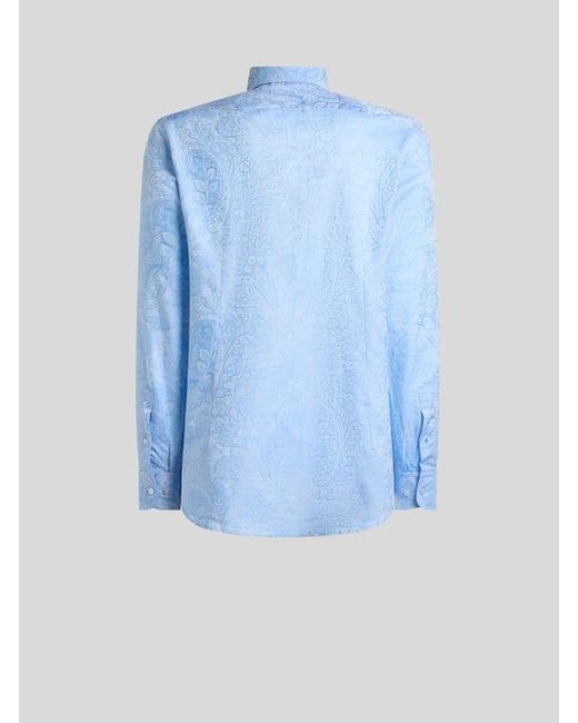 Etro Blue Cotton Jacquard Shirt With Paisley Foliage Motif for men