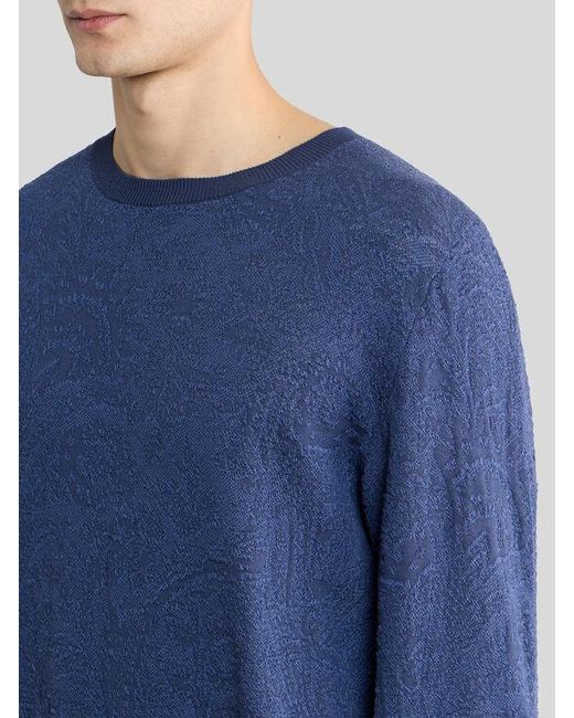 Etro Blue Cotton Sweater With Floral Paisley Motif for men
