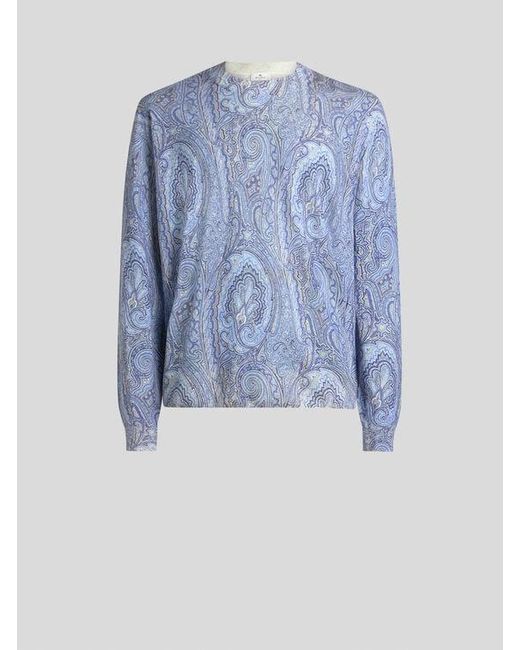 Etro Blue Silk And Cashmere Sweater With Floral Arnica Motif for men