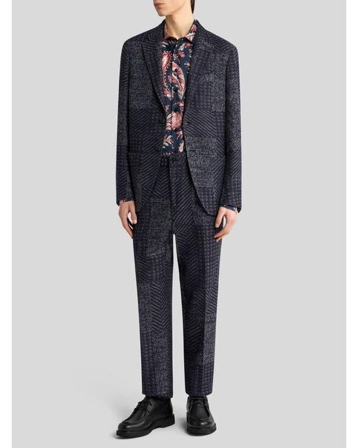 Etro Blue Wool-Blend Patchwork Trousers for men