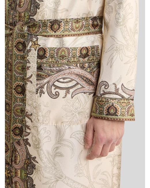 Etro Natural Silk Twill Robe Coat With Placed Pegaso Print And Paisley for men