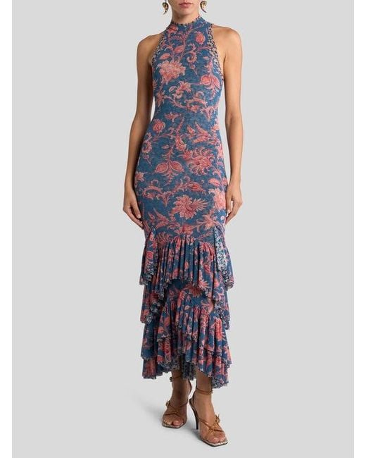 Etro Purple Stretch Tulle Long Dress With Floral Motif