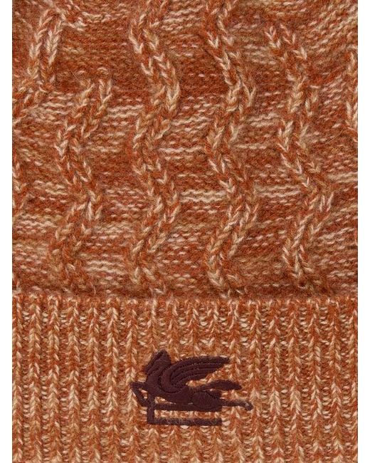 Etro Brown Cashmere Beanie With Cable Detail And Pegaso Embroidery for men
