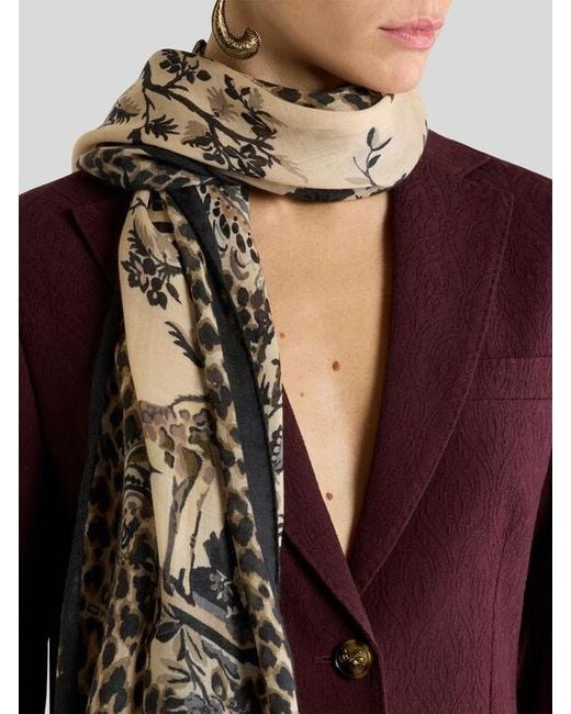 Etro Natural Cashmere Scarf With Animal And Flower Print