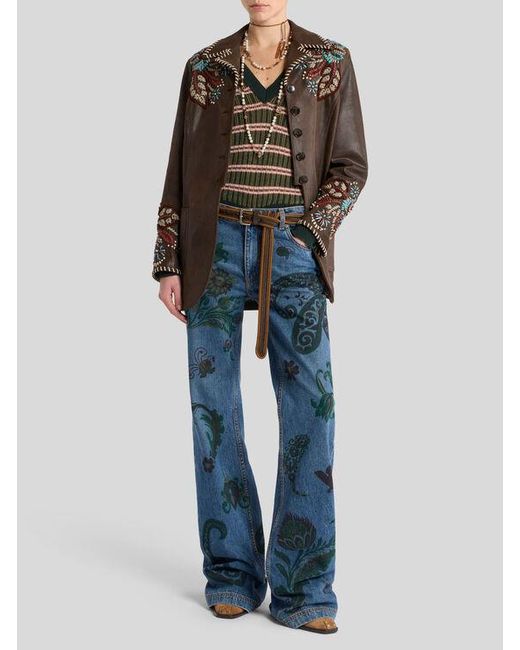 Etro Blue Flared Jeans With Flower And Bee Print