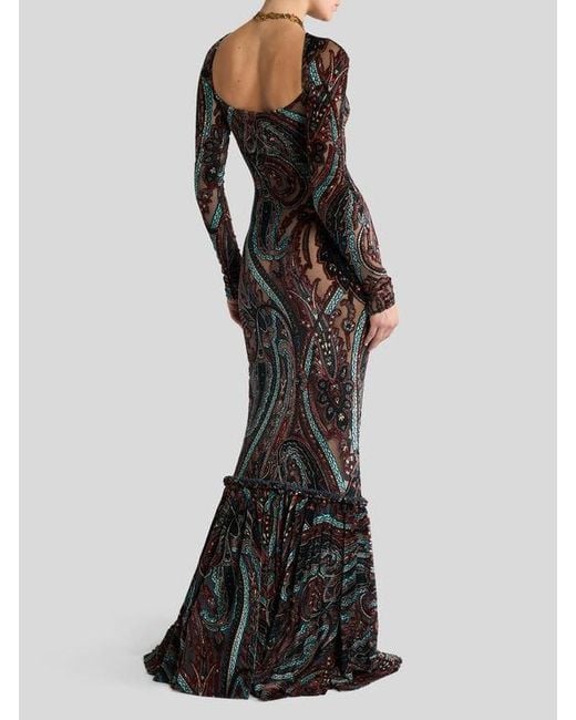 Etro Black Chenille Jacquard Long Dress With Paisley Motif