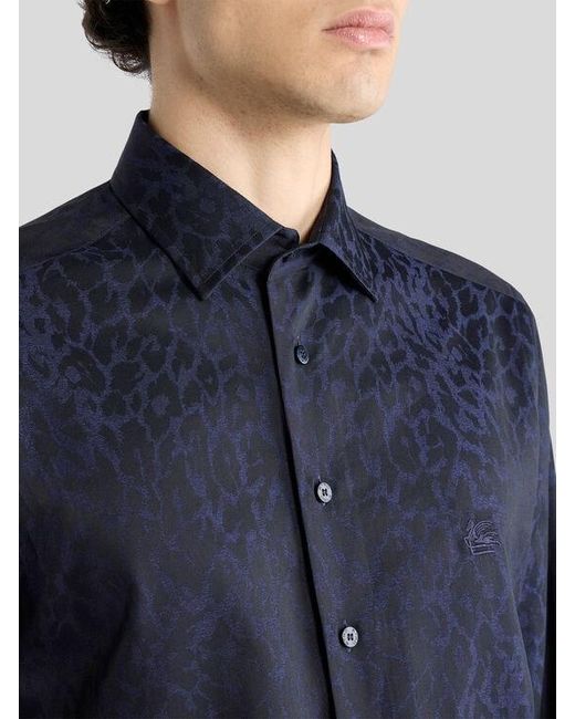 Etro Blue Cotton Jacquard Shirt With Animal Motif for men