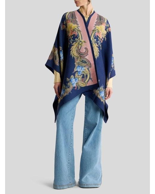 Etro Blue Wool Cape With Placed Floral Paisley Print