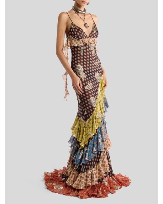 Etro Multicolor Long Silk Dress With Fil Coupé Roses And Tie-Inspired Motif
