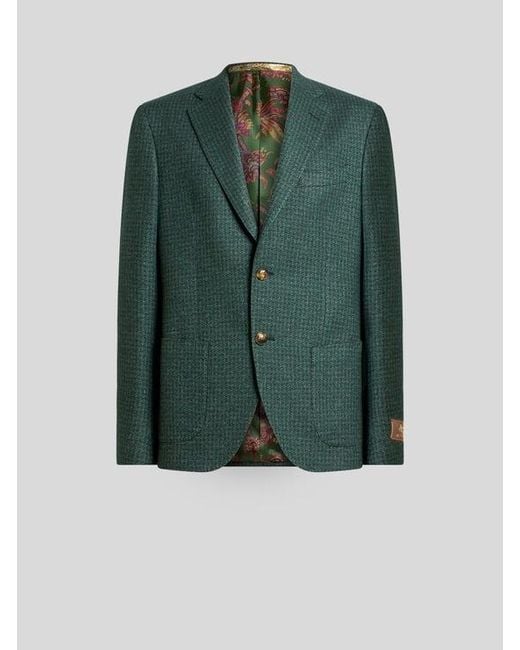 Etro Green Single-Breasted Silk And Cashmere Jersey Jacket With Houndstooth Motif for men