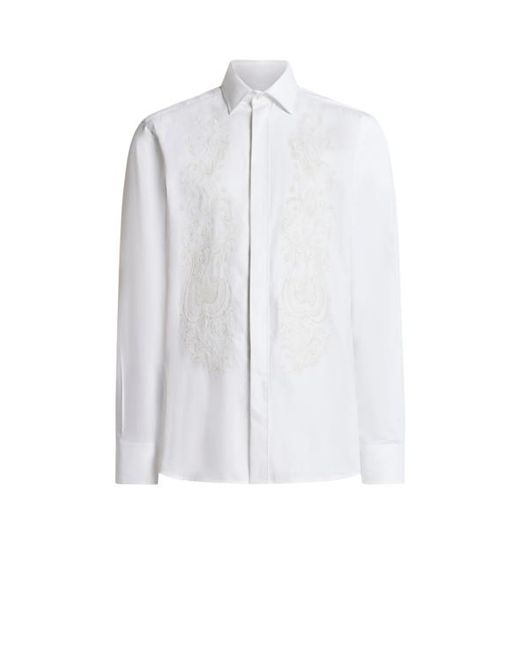Etro White Cotton Shirt With Floral Paisley Embroidery for men