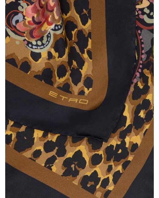 Etro Black Silk Twill Scarf With Leopard And Paisley Motif