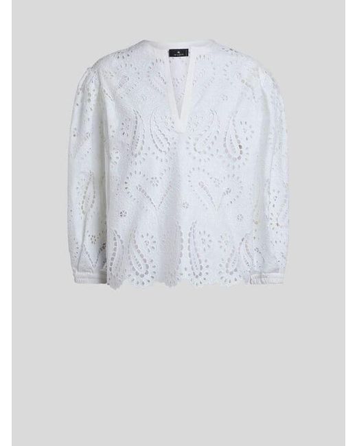Etro White Broderie Anglaise Lace Blouse With Paisleys And Hearts