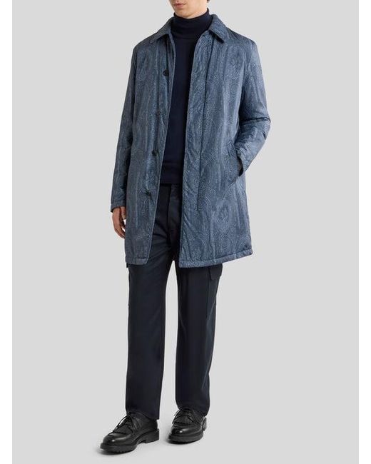 Etro Blue Padded Raincoat With Arnica Motif for men