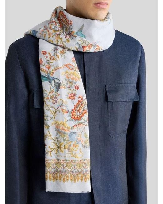 Etro White Cotton-Blend Jacquard Scarf With Floral Motif for men