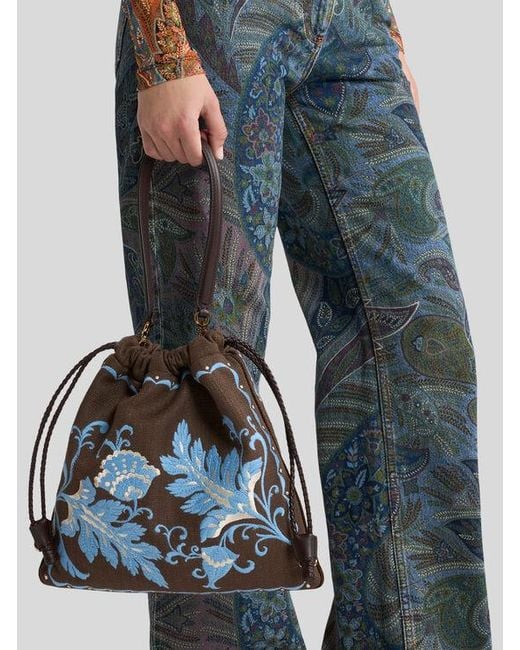 Etro Blue Medium Linen-Blend Kalispera Bag With Embroidery
