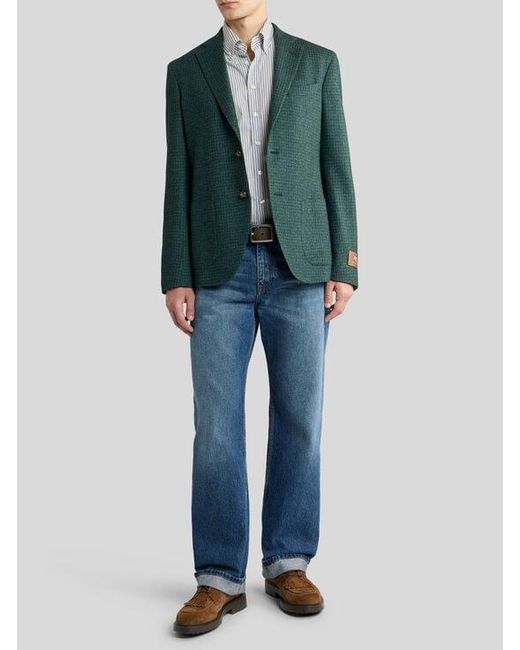 Etro Green Single-Breasted Silk And Cashmere Jersey Jacket With Houndstooth Motif for men