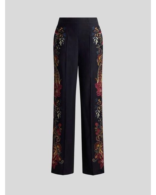 Etro Blue Silk Trousers With Placed Floral Paisley Print