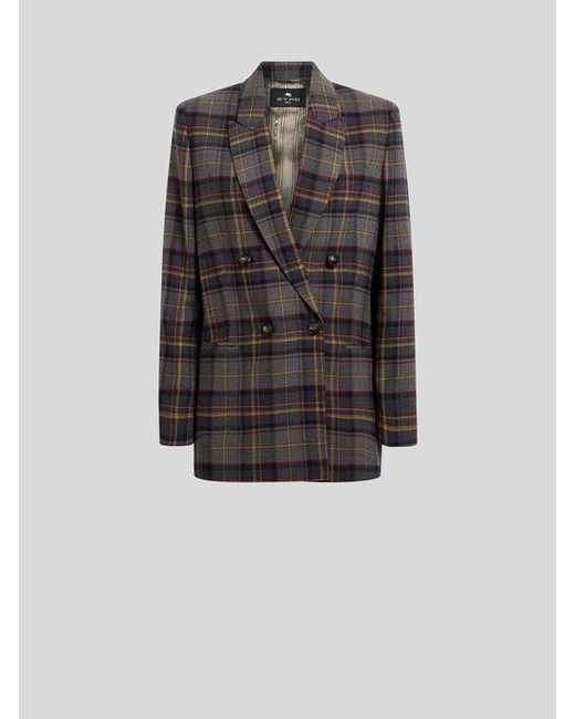 Etro Black Double-Breasted Stretch Wool Jacket With Check Motif