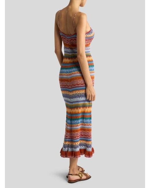 Etro White Long Knit Cotton Dress With Stripes And Openwork