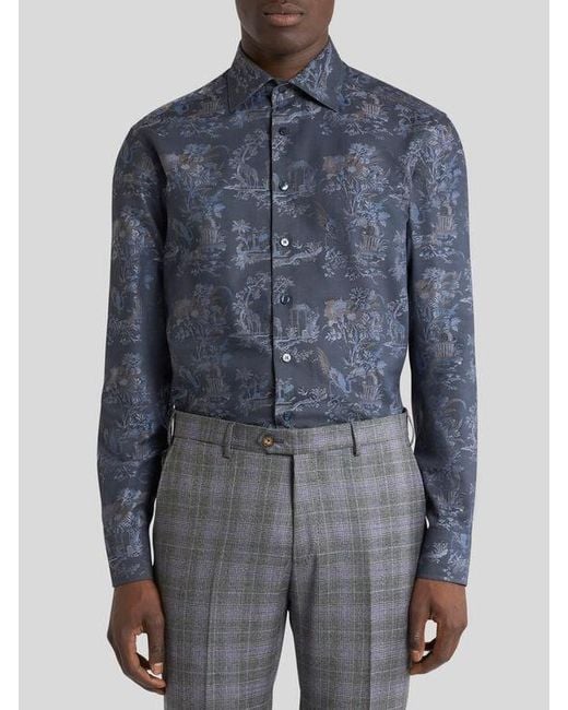 Etro Blue Cotton Jacquard Shirt With Flower And Animal Motif for men
