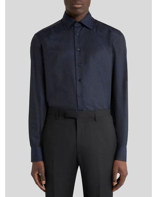 Etro Blue Cotton Jacquard Shirt With Arnica Motif for men